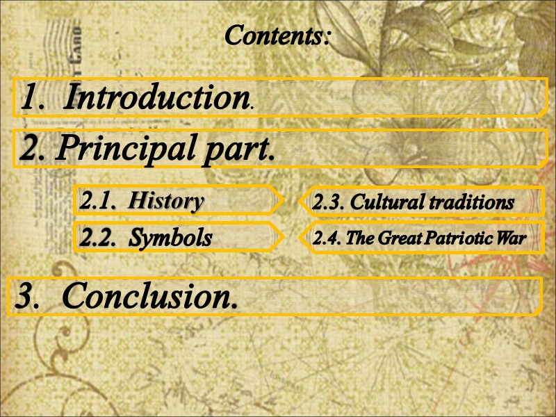 Contents: Introduction. 2. Principal part. 3.  Conclusion. 2.1.  History   